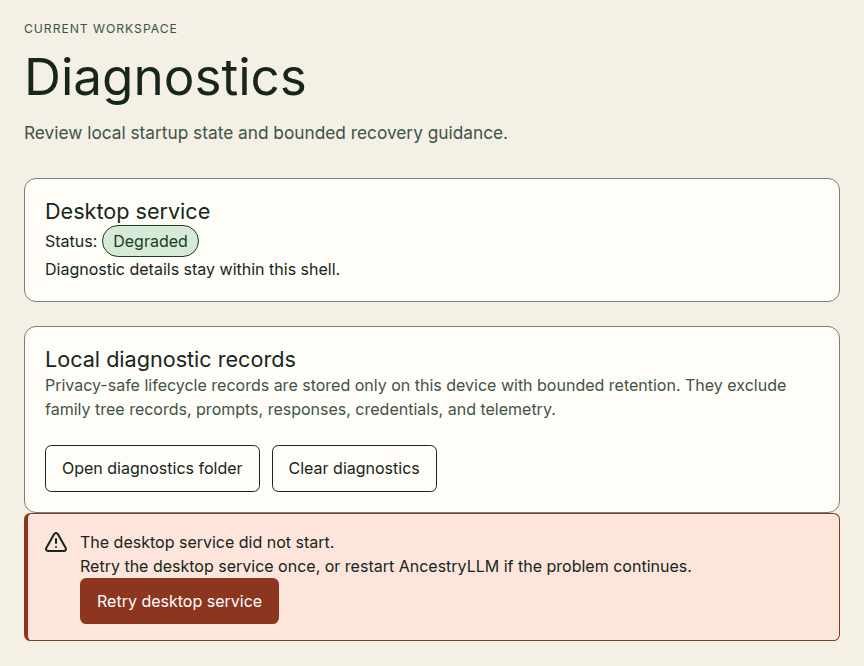 Diagnostics shows a degraded service, sanitized startup error, and recovery controls.